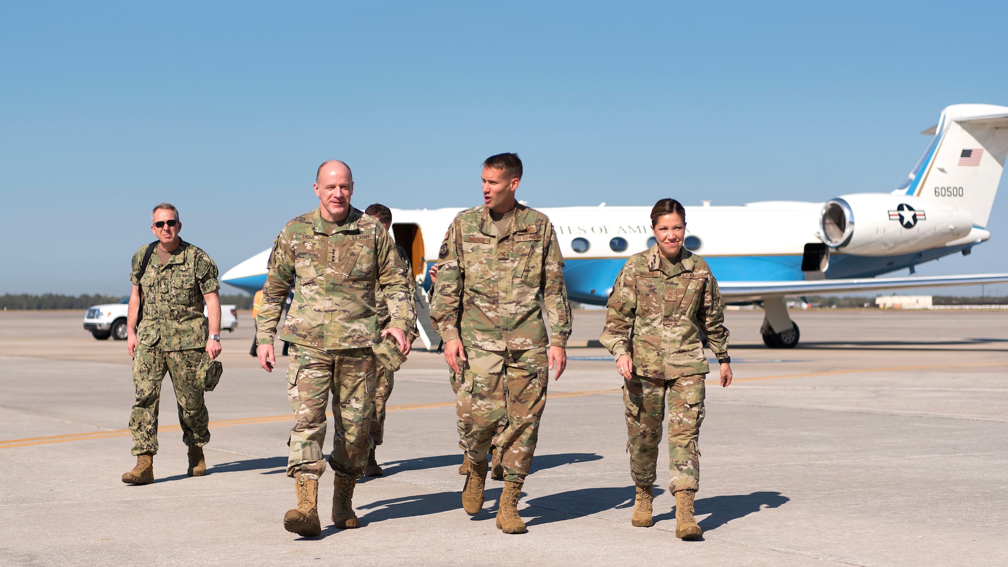 U.S. Army Gen. Stephen Lyons, U.S. Transportation Command commander, walks off the flightline at MacDill Air Force Base, Fla., after being greeted by 6th Air Mobility Wing leadership Feb. 8, 2019. As the USTRANSCOM commander, Lyons visited MacDill to learn more about how the KC-135 Stratotanker helps project and sustain forces whenever and wherever needed. USTRANSCOM is a unified, functional combatant command that provides support to the nine other U.S. combatant commands, the military services, defense agencies and other government organizations.