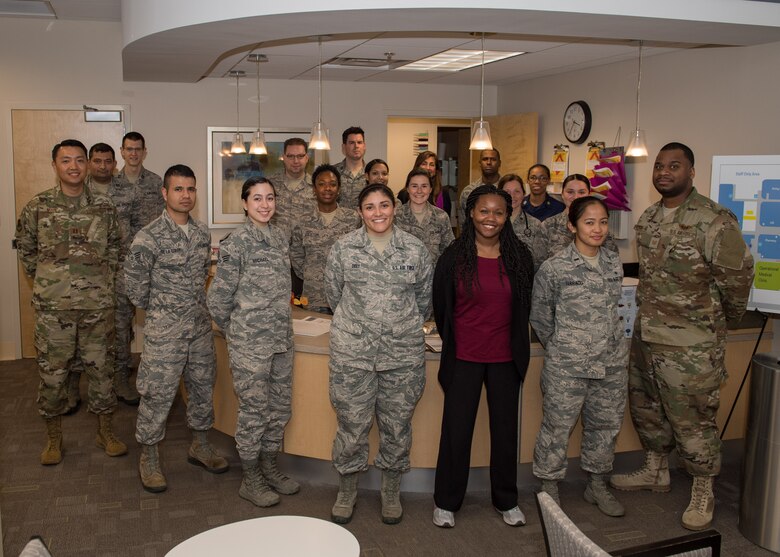 The Operational Medicine Clinic staff stand by the front desk at Joint Base Langley-Eustis, Virgina, Feb. 12, 2019.