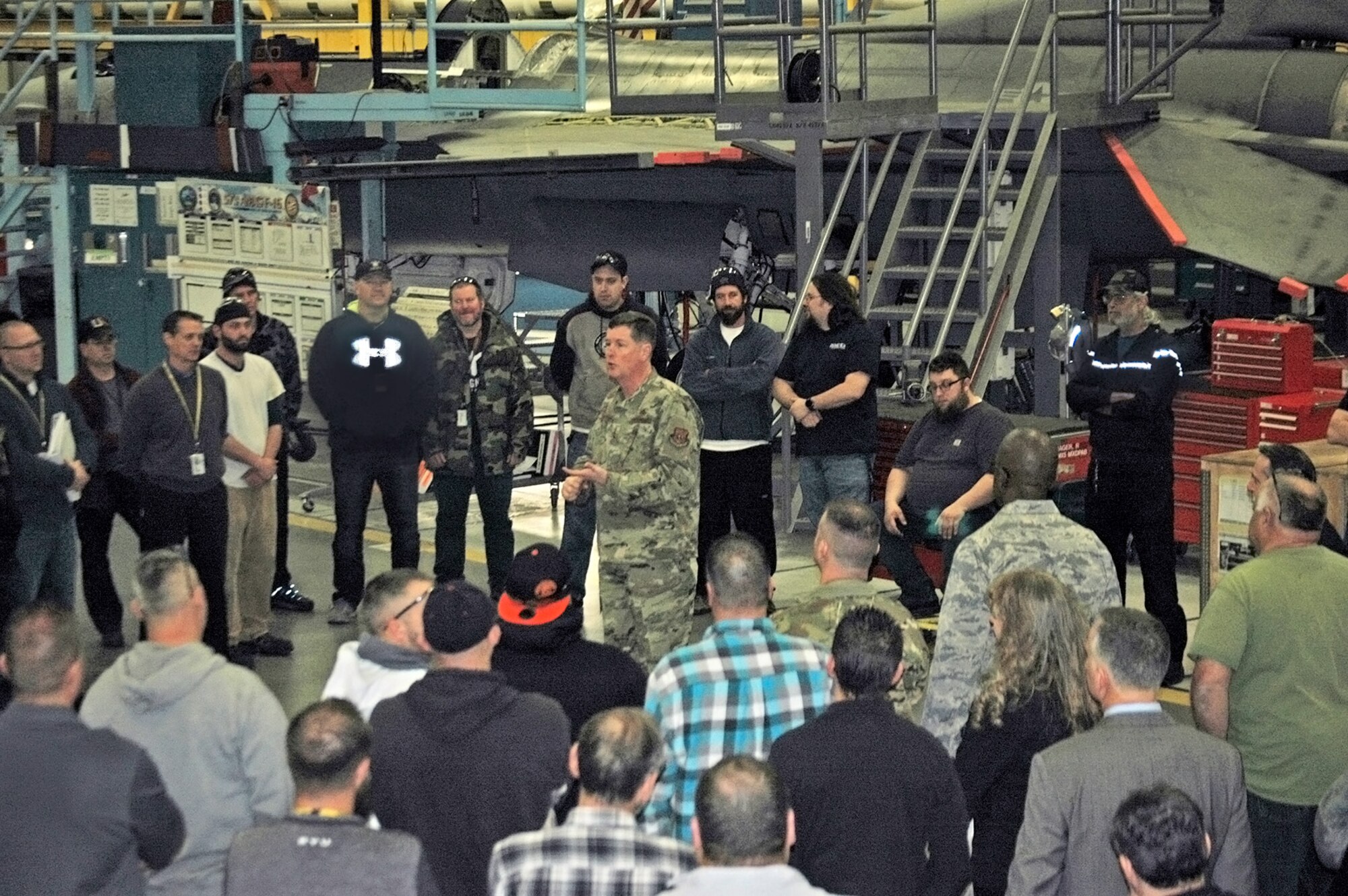 Lt. Gen. Gene Kirkland, Air Force Sustainment Center commander, talks with employees in the 573rd Aircraft Maintenance Group Feb. 4, 2019, at Hill Air Force Base, Utah. The general and other AFSC leadership visited Hill AFB Feb. 3-8 as part of a “move the flag” visit that immersed them in the local mission, and allowed them to interact with the workforce and personally communicate AFSC goals.