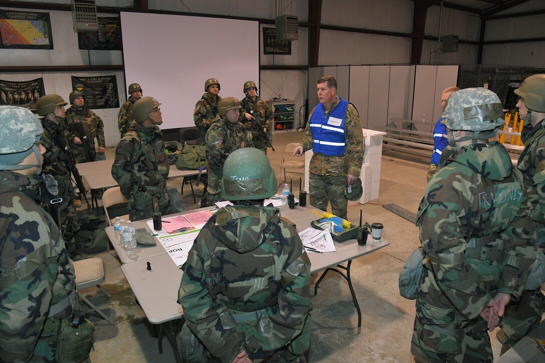 Lt. Gen. Gene Kirkland, Air Force Sustainment Center commander, discusses the importance of training and innovation with Airmen during a readiness exercise Feb. 7, 2019, at Hill Air Force Base, Utah.