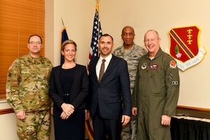 During an orientation visit, Brig. Gen. Paul Rogers, the adjutant general, Michigan National Guard, Jocelyn Benson, Michigan secretary of state, her husband Ryan Friedrichs, Maj. Gen. Leonard Isabelle, assistant adjutant general and Brig. Gen. John D. Slocum, 127th Wing and Base commander had the opportunity to sit down for lunch and tour the base.
