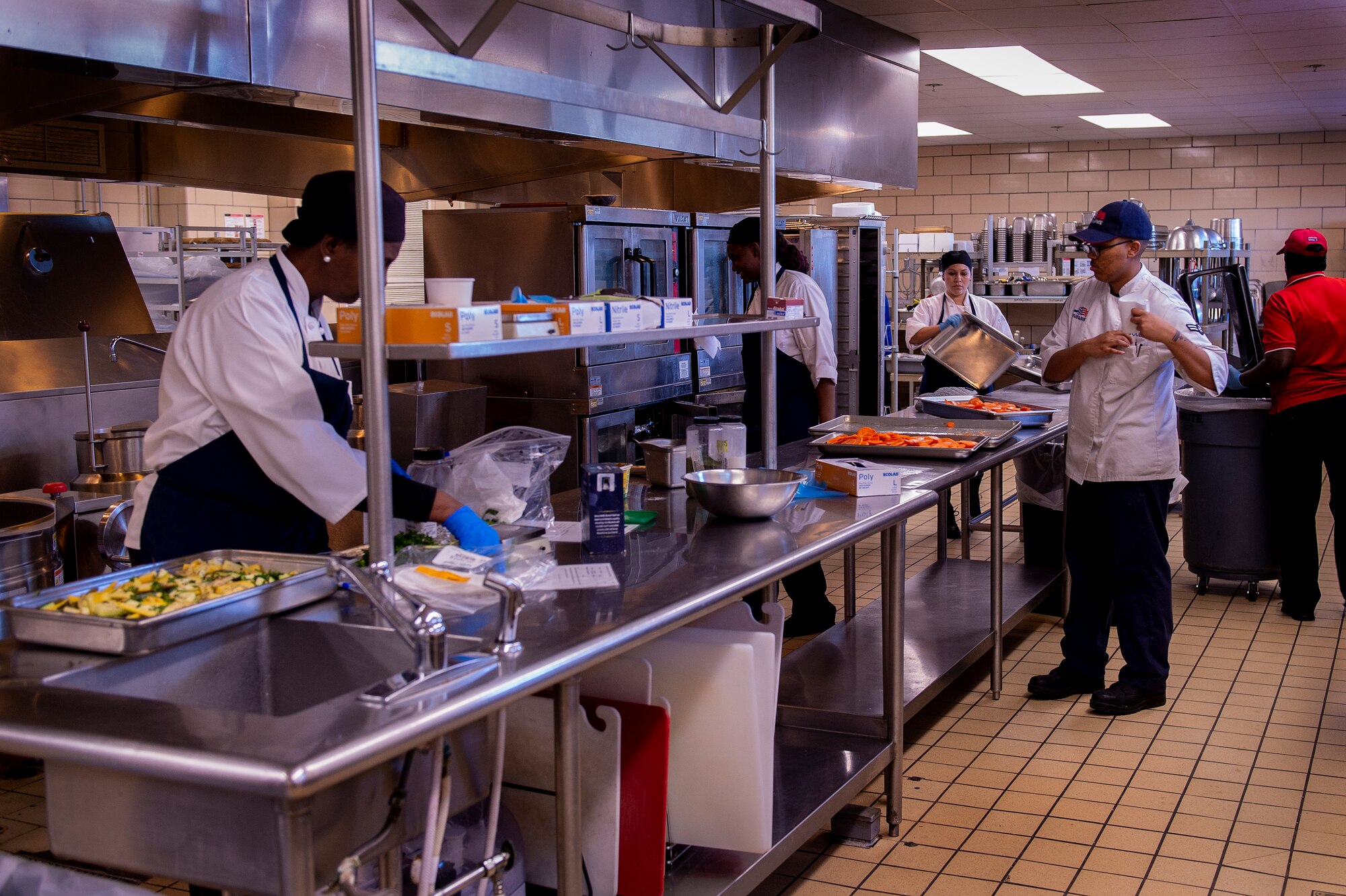 Members of the Hangar 97 Dining Facility prepare food, Jan. 9, 2019 at Altus Air Force Base, Okla.