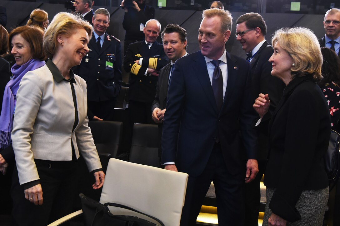 Acting Defense Secretary Patrick M. Shanahan talks with German Defense Minister Ursula von der Leyen, left, and U.S. Ambassador to NATO Kay Bailey Hutchison at NATO headquarters in Brussels.