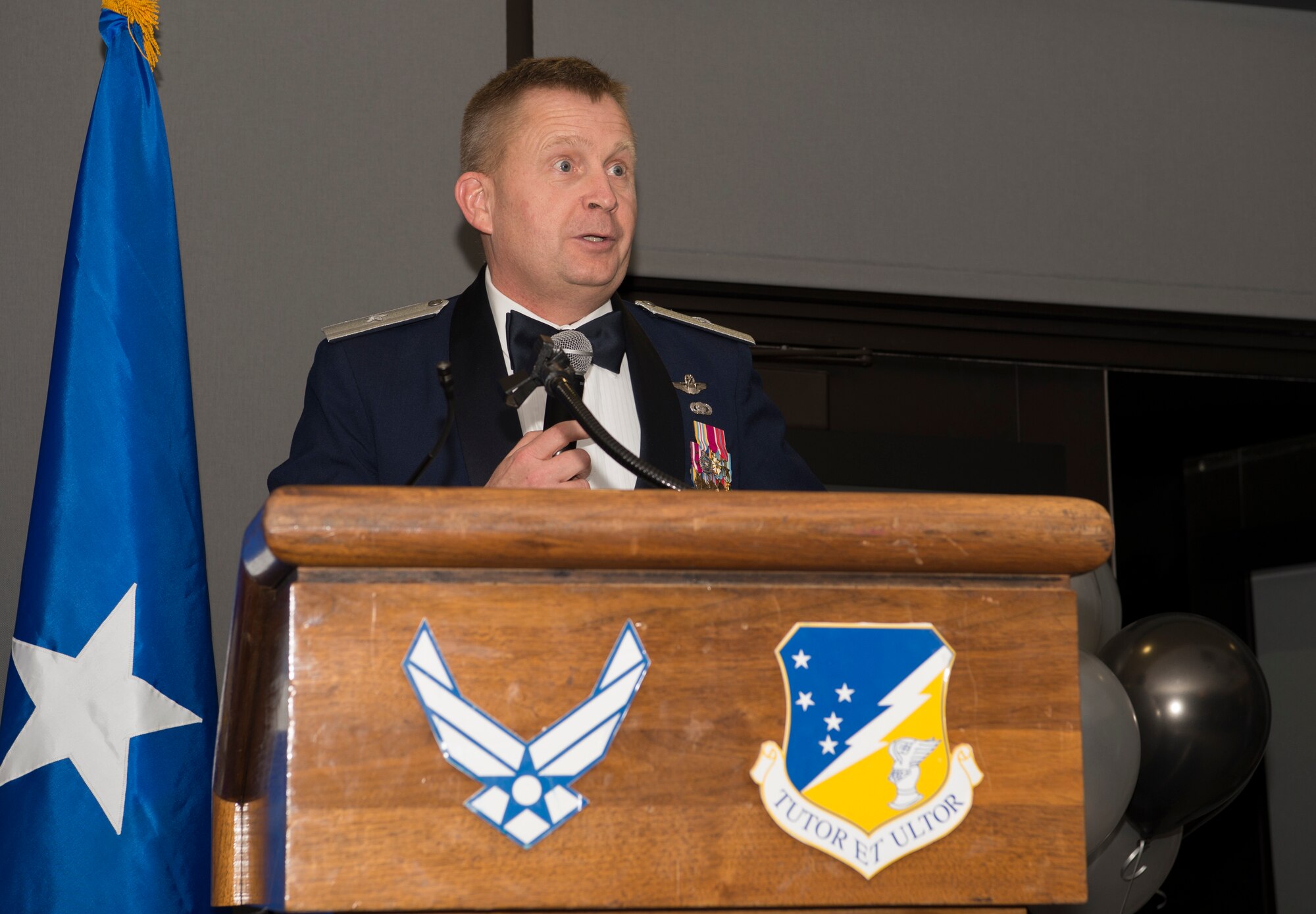 Brig. Gen. James R. Cluff, Remotely Piloted Aircraft, Big Wing Intelligence, Surveillance and Reconnaissance director, speaks at the 2018 Annual Awards Banquet, Feb. 9, 2019, on Holloman Air Force Base, N.M. During the banquet, 14 Holloman Airmen Airmen received awards for their outstanding performance throughout the year. (U.S. Air Force photo by Airman Quion Lowe)