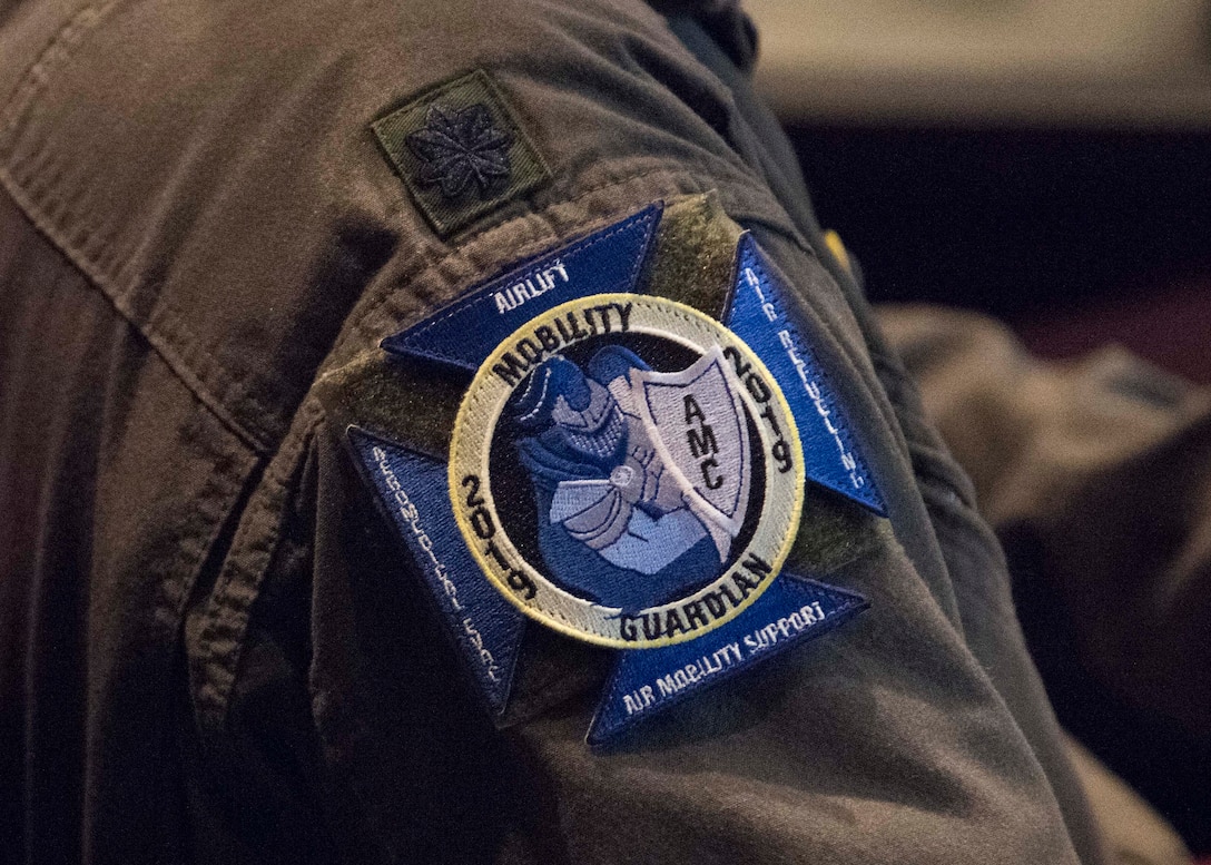 A U.S. Air Force Airmen’s uniform displays the ceremonial patch of the exercise during a Mobility Guardian international planning conference held at Fairchild Air Force Base, Washington, Feb. 5, 2019.