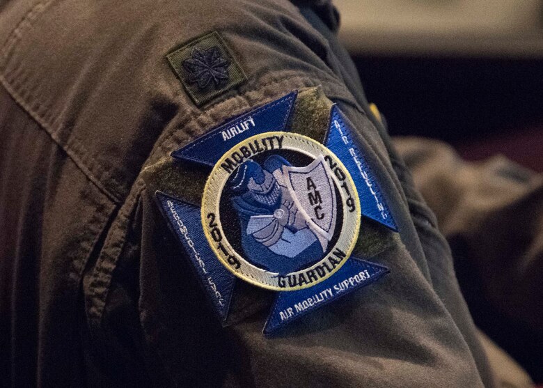 A U.S. Air Force Airmen’s uniform displays the ceremonial patch of the exercise during a Mobility Guardian international planning conference held at Fairchild Air Force Base, Washington, Feb. 5, 2019.
