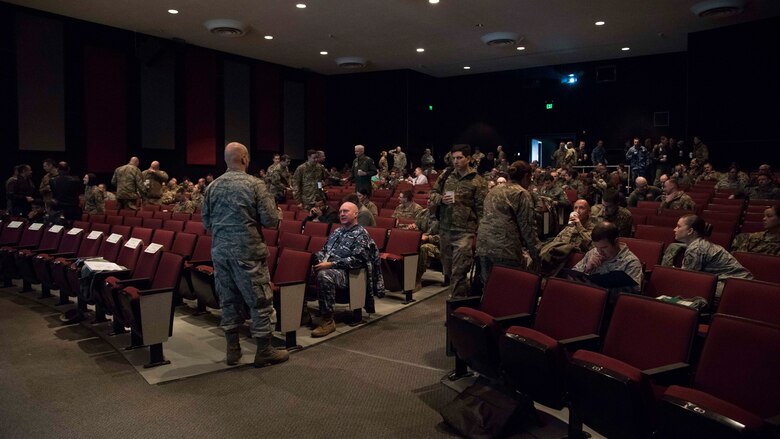 Attendees gather at the Fairchild Air Force Base theater for a morning briefing at the Mobility Guardian 2019 International Planning Conference held in Washington on Feb. 5, 2019.
