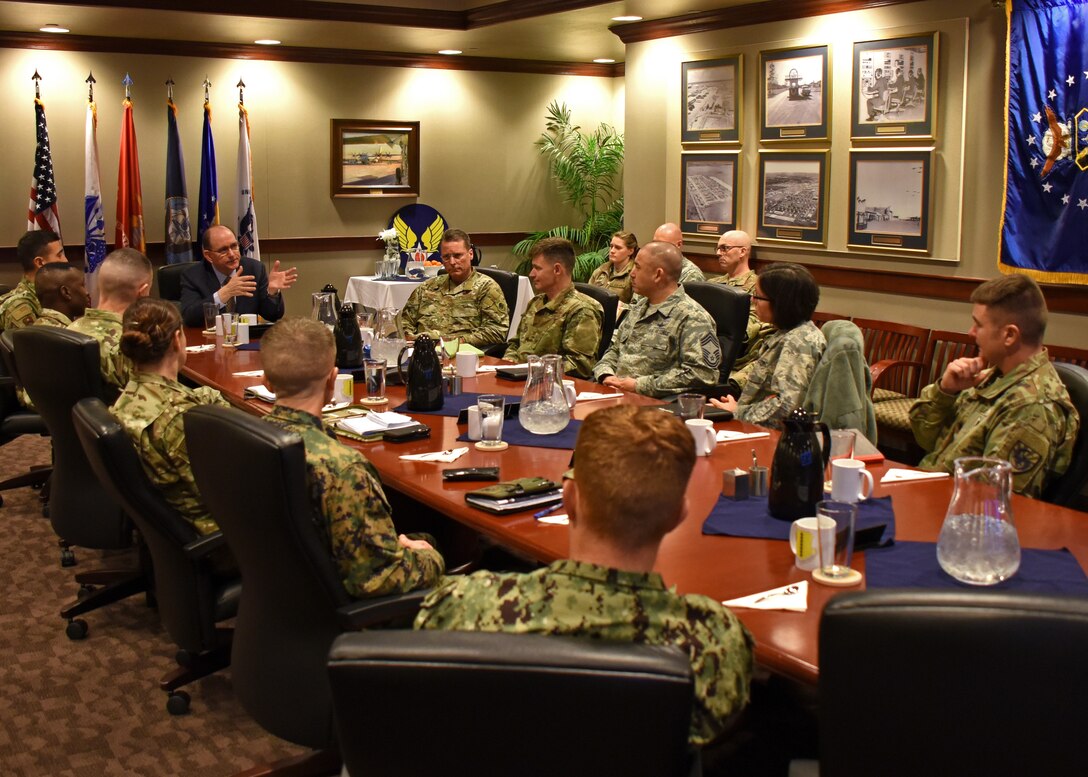 Under Secretary of the Air Force Matthew P. Donovan tours Goodfellow Air Force Base, Texas, to see firsthand the training provided to the Joint Service students, Feb. 13, 2019. During Donovan’s visit, he learned about the innovative direction of training. (U.S. Air Force photo by Airman 1st Class Zachary Chapman/Released)