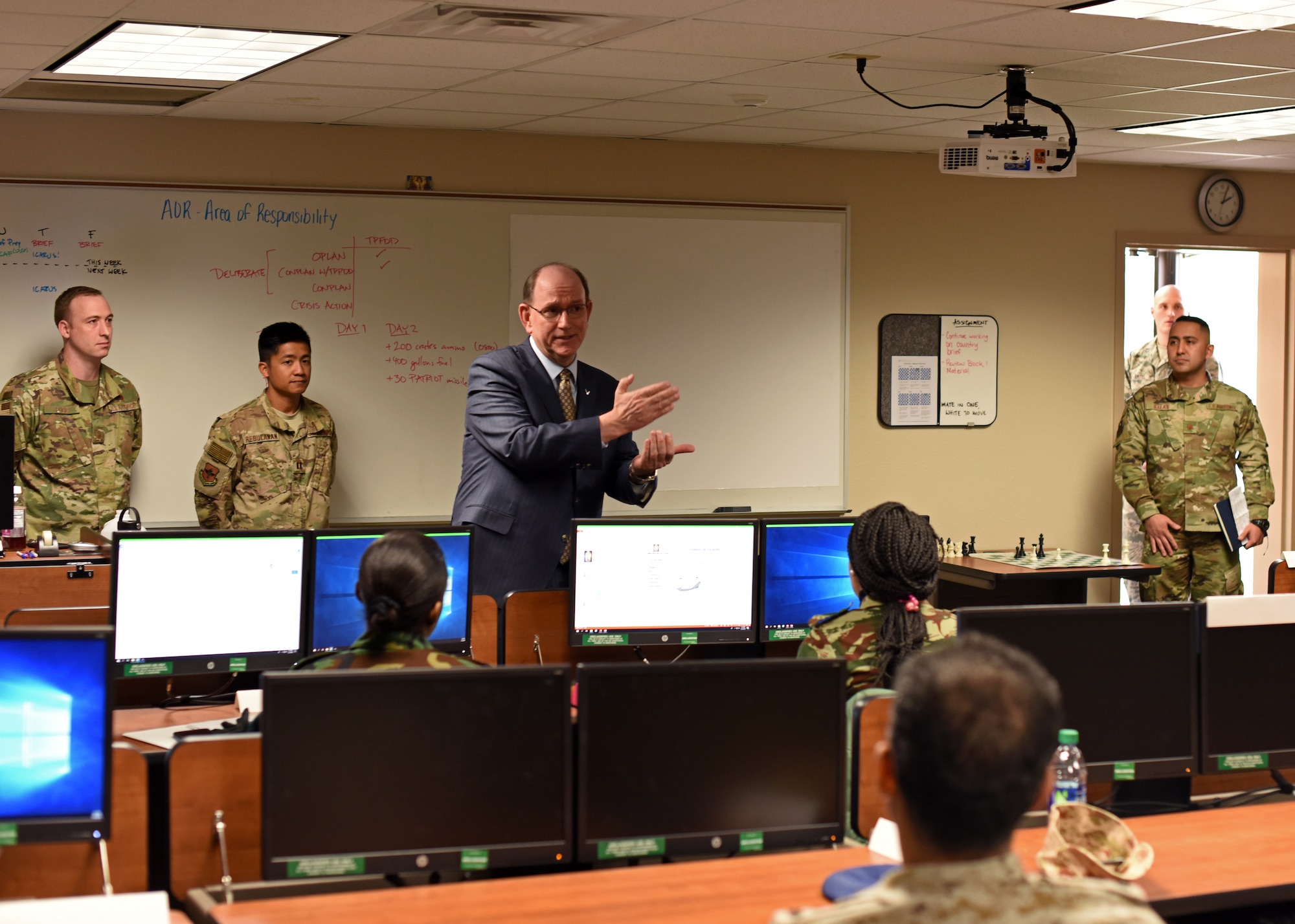 Under Secretary of the Air Force Matthew P. Donovan speaks to International Intelligence Applications Officers during his tour of Goodfellow Air Force Base, Texas, Feb. 13, 2019. The Air Force trains with our allies to build key relationships and share knowledge. (U.S. Air Force photo by Airman 1st Class Zachary Chapman/Released)