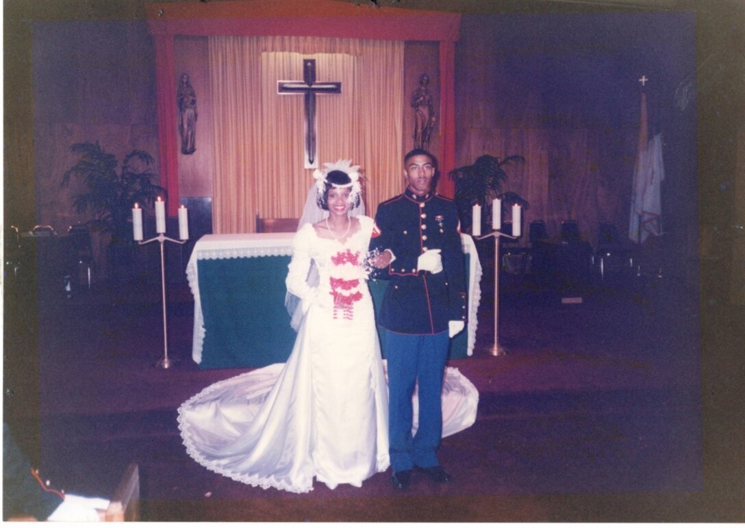 Then, Lance Cpl. Craig Johnson, right, and Lance Cpl. Veronica Johnson, left, pose for a photo at their wedding. The Johnsons have been married for over 23 years. Mr. and Mrs. Johnson have been in the Marine Corps for a cumulative 52 years and 26 years each. (Photo provided by Master Gunnery Sgt. Craig Johnson)