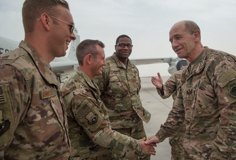 Gen. Mike Holmes, commander of Air Combat Command, shows his appreciation to 379th Air Expeditionary Wing Airmen for their daily contributions to U.S. Air Forces Central Command’s mission to deliver decisive air and space power for the security and stability of the region during a visit Feb. 11, 2019, at Al Udeid Air Base, Qatar.