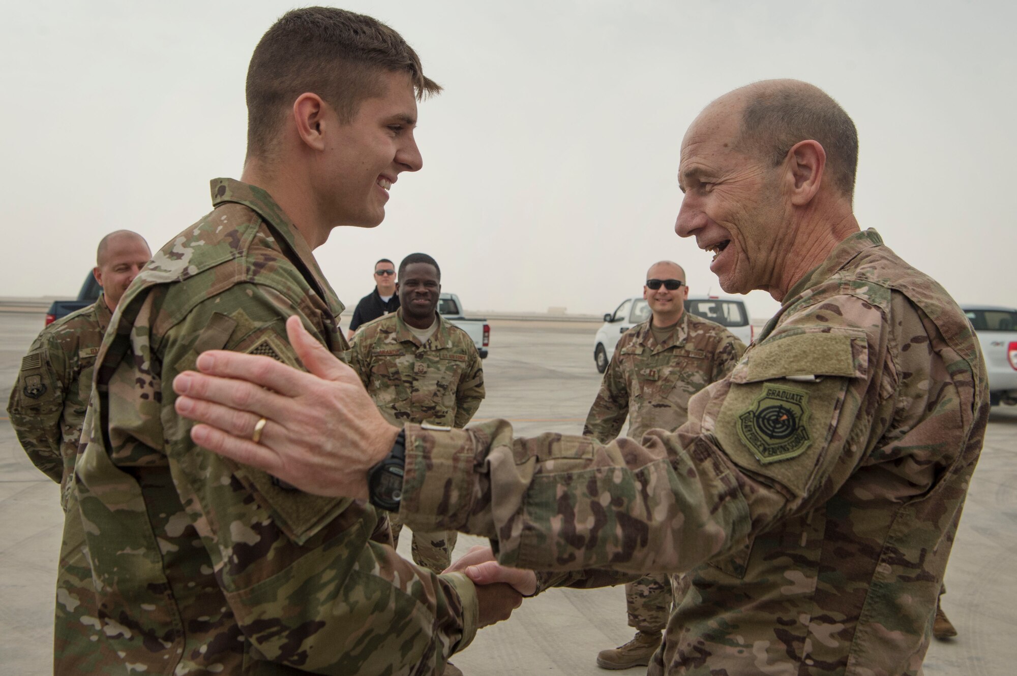 Gen. Mike Holmes, commander of Air Combat Command, visited Airmen to thank them for ‘saying yes’ to serving their nation down range. Holmes and Chief Master Sgt. Frank Batten, ACC command chief, presented coins to several outstanding Airmen during an ACC leadership visit Feb. 11, 2019, at Al Udeid Air Base, Qatar.