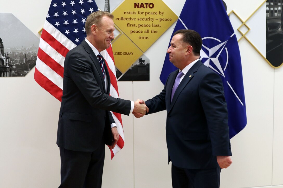 Acting Defense Secretary Patrick M. Shanahan shakes hands with the Ukranian defense minister.