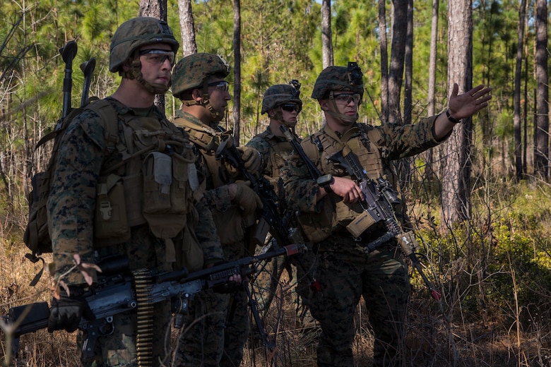 U.S. Marine Sgt. Liam Lynch, an infantry Marine, provides guidance during Tactical Recovery of Aircraft and Personnel training at Camp Lejeune, North Carolina, Feb. 1, 2019. TRAP training enhances combat readiness and crisis response skills by preparing Marines to confidently enter potentially combative areas, tactically extract personnel, recover aircraft and retrieve or destroy sensitive material. The Marines are with the 1st Battalion, 8th Marines.