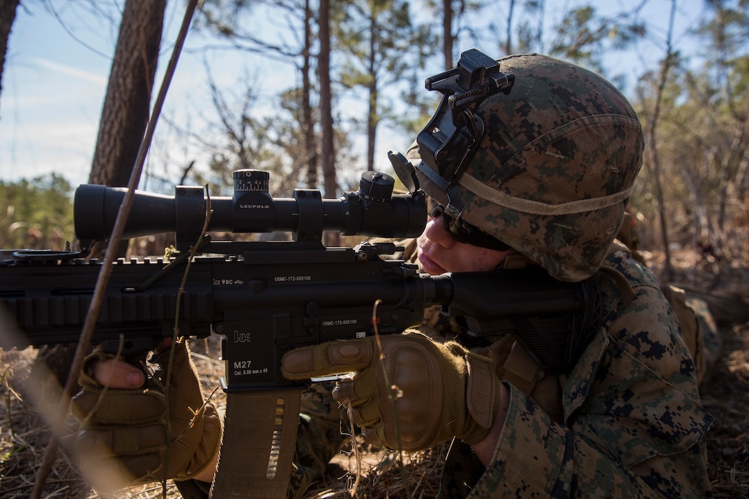 U.S. Marine Lance Cpl. Jacob Deryke, an infantry Marine, provides security during Tactical Recovery of Aircraft and Personnel training at Camp Lejeune, North Carolina, Feb. 1, 2019. TRAP training enhances combat readiness and crisis response skills by preparing Marines to confidently enter potentially combative areas, tactically extract personnel, recover aircraft and retrieve or destroy sensitive material. Deryke is with the 24th Marine Expeditionary Unit.