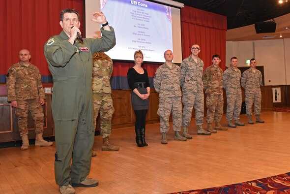 U.S. Air Force Col. Christopher R. Amrhein, 100th Air Refueling Wing commander, gives a congratulatory speech to the wing following its Unit Effectiveness Inspection at RAF Mildenhall, England, Feb. 14, 2019.   The wing has achieved its third consecutive “Highly Effective” grade. (U.S. Air Force photo by Senior Airman Luke Milano)