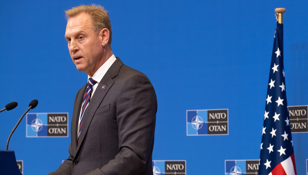 Acting Defense Secretary Patrick M. Shanahan answers questions during a news conference at the conclusion of the NATO defense ministerial conference in Brussels.