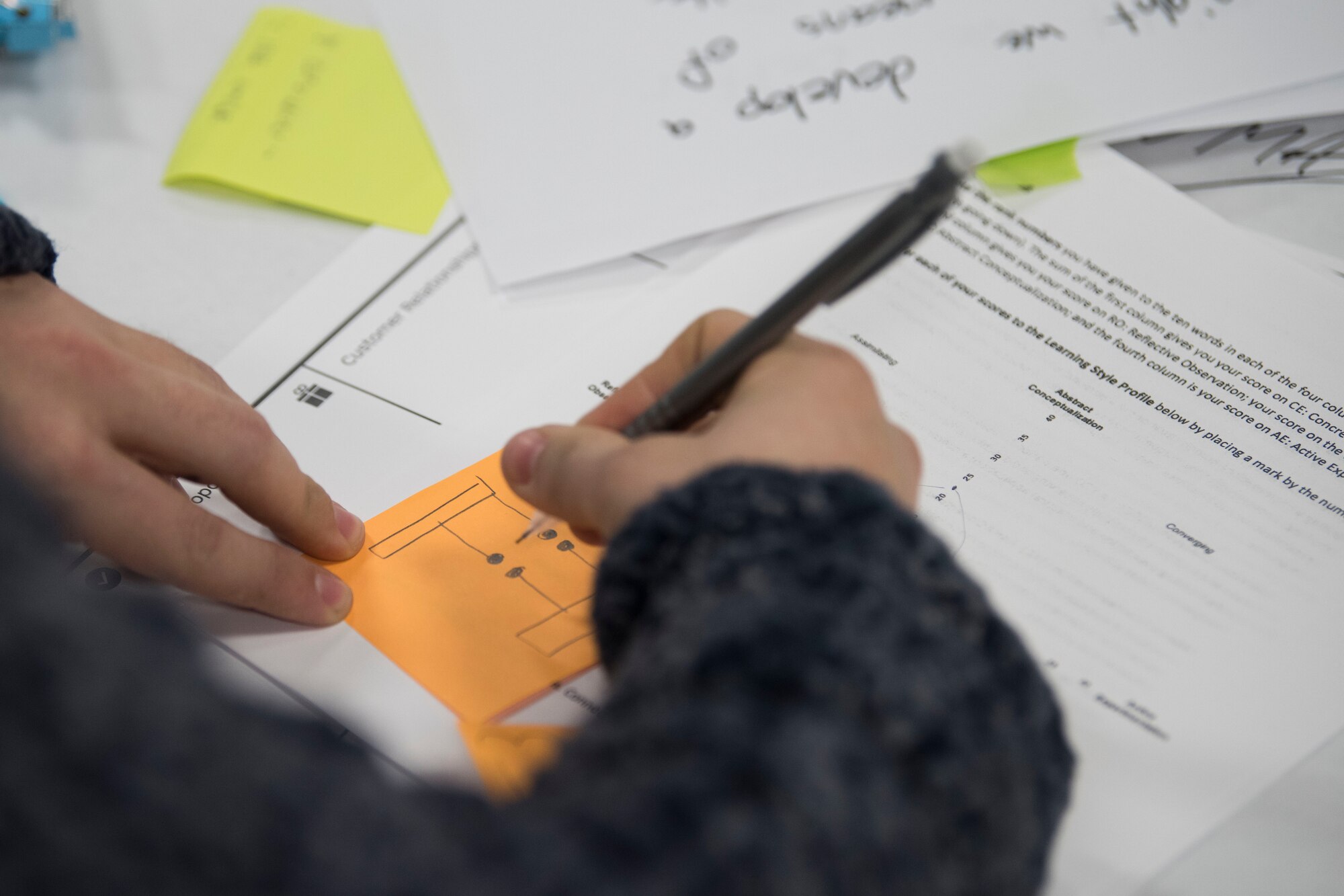 Participants write down ideas using methods and processes learned during an MD5 Boot Camp at Joint Base Elmendorf-Richardson, Alaska, Feb. 6, 2019. The intensive workshop hosted by the 673d Air Base Wing gave 40 innovators – service members and civilian employees from JBER and Eielson Air Force Base – an opportunity to focus on generating new ideas, nurturing talent and finding new applications of technology.