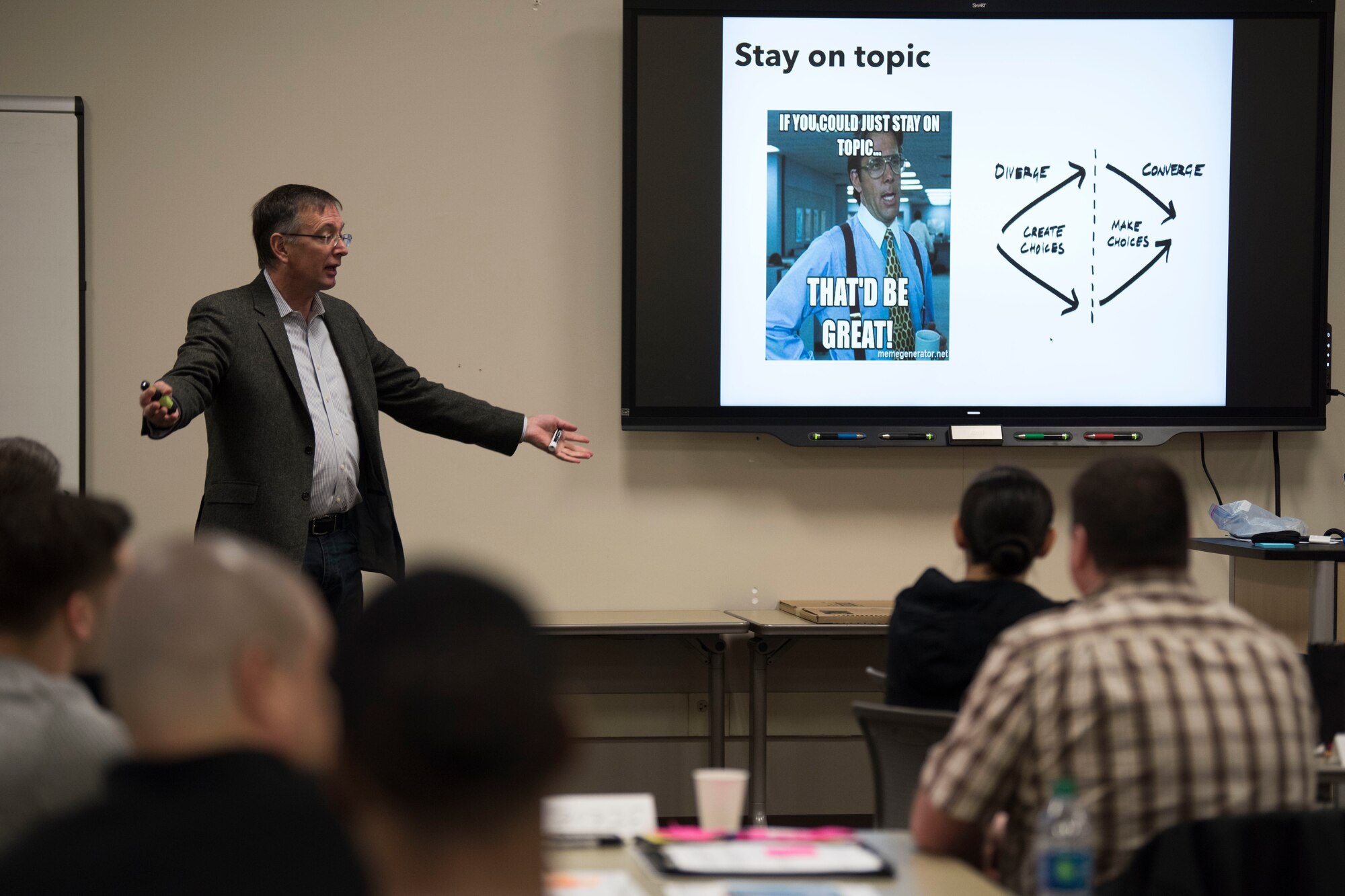 David Charron, a lecturer with the Haas School of Business at the University of California, Berkeley, speaks during an MD5 Boot Camp at Joint Base Elmendorf-Richardson, Alaska, Feb. 6, 2019. The intensive workshop hosted by the 673d Air Base Wing gave 40 innovators – service members and civilian employees from JBER and Eielson Air Force Base – an opportunity to focus on generating new ideas, nurturing talent and finding new applications of technology. Because of the course’s interactive lecture series and unique design, attendees were able to strategize viable solutions addressing one of the commander’s top priorities in less than four days.