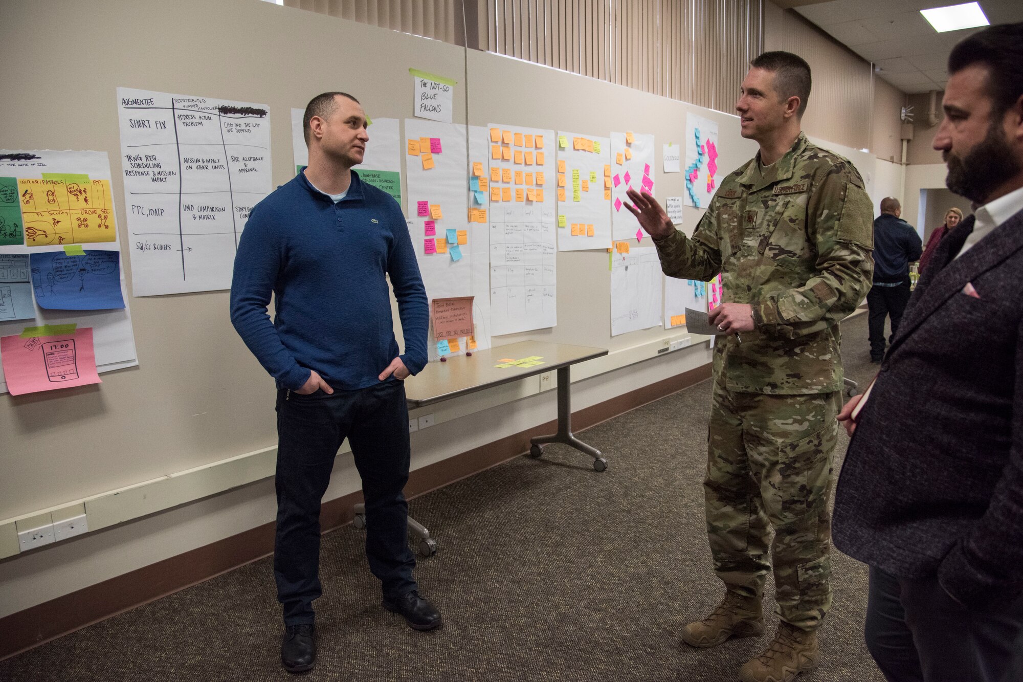 Teams present potential innovative solutions to the 673d Air Base Wing commander and leadership panel during an MD5 Boot Camp at Joint Base Elmendorf-Richardson, Alaska, Feb. 7, 2019. The intensive workshop hosted by the 673d Air Base Wing gave 40 innovators – service members and civilian employees from JBER and Eielson Air Force Base – an opportunity to focus on generating new ideas, nurturing talent and finding new applications of technology. Because of the course’s interactive lecture series and unique design, attendees were able to strategize viable solutions addressing one of the commander’s top priorities in less than four days.