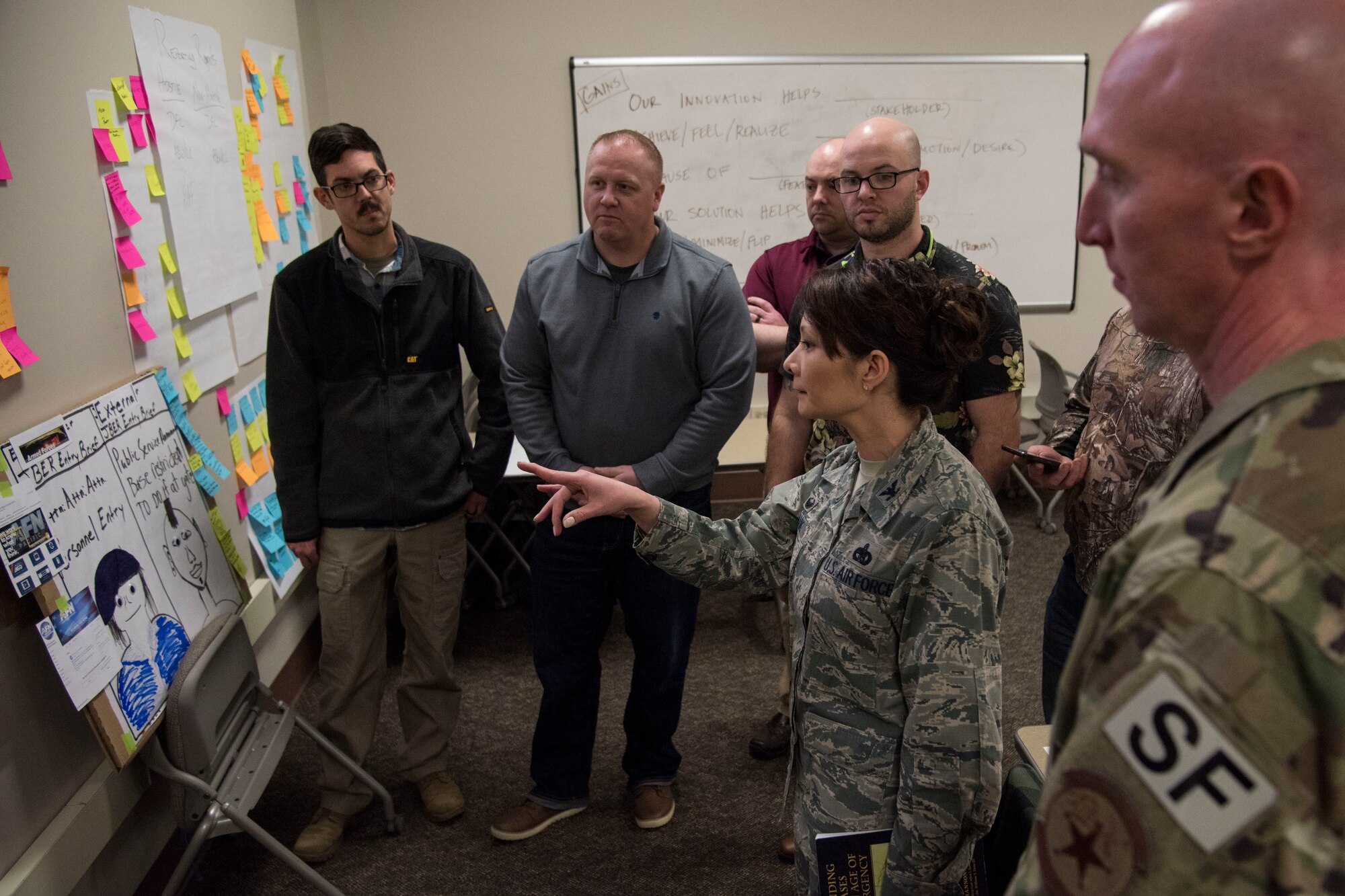Teams present potential innovative solutions to the 673d Air Base Wing commander and leadership panel during an MD5 Boot Camp at Joint Base Elmendorf-Richardson, Alaska, Feb. 7, 2019. The intensive workshop hosted by the 673d Air Base Wing gave 40 innovators – service members and civilian employees from JBER and Eielson Air Force Base – an opportunity to focus on generating new ideas, nurturing talent and finding new applications of technology. Because of the course’s interactive lecture series and unique design, attendees were able to strategize viable solutions addressing one of the commander’s top priorities in less than four days.