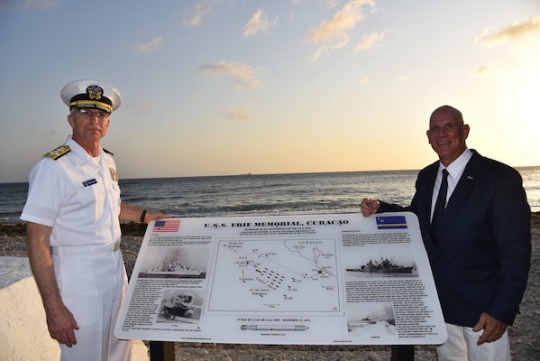 U.S. Southern Command's commander, Adm. Craig Faller, attends the unveiling of the USS Erie Memorial plaque at Koredor in Curaçao in honor of those who made the ultimate sacrifice.