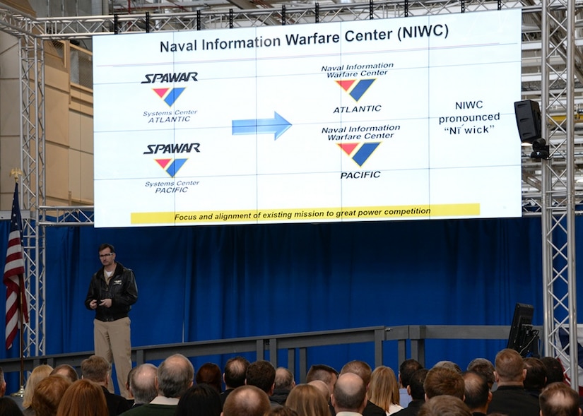 Space and Naval Warfare Systems Command (SPAWAR) Commander Rear Adm. Christian Becker announces that SPAWARs Echelon III systems centers, SPAWAR Systems Center Atlantic and SPAWAR Systems Center Pacific, will be changing their names to Naval Information Warfare Center Atlantic and Naval Information Warfare Center Pacific during an all hands event at SPAWAR Headquarters in San Diego, California.