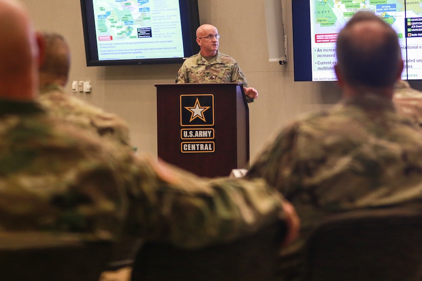 Col. Scott Gilman, the U.S. Army Central Training and Exercises division chief, briefs senior leaders from USARCENT, the U.S. Army Reserves and the U.S. Army National Guard during the Operation Spartan Shield Community of Excellence Forum at Patton Hall on Shaw Air Force Base, S.C., Feb. 6, 2019. The inaugural forum allowed the attendees to discuss OSS, State Partnership Programs, current operations and future improvements.