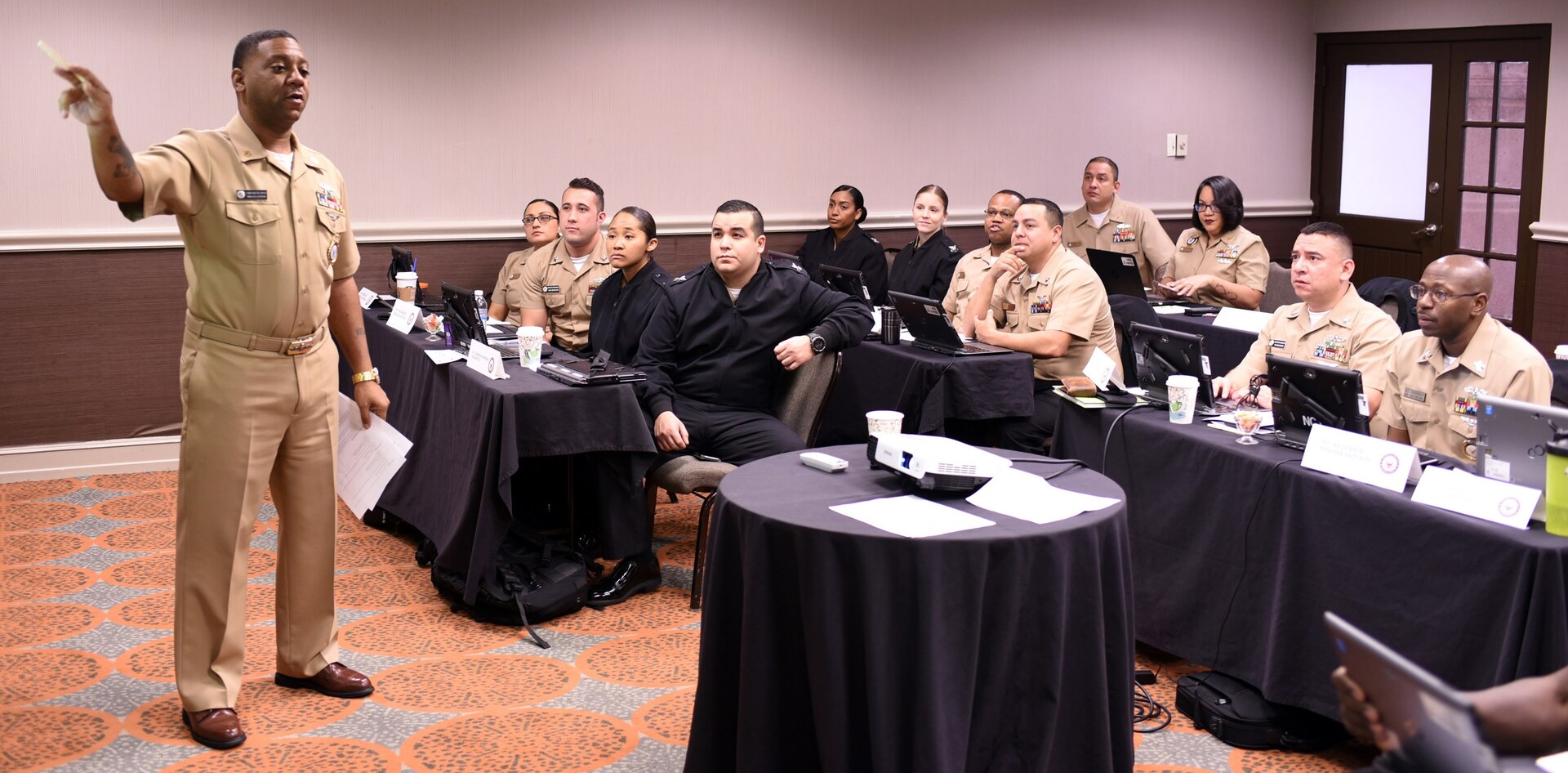 Chief Petty Officer Kevin Jones, a trainer assigned to Navy Recruiting District San Antonio, provides market development training to recruiters of NRD’s and Navy Talent Acquisition Groups during a Leading Petty Officers Course held at the Double Tree Hotel.