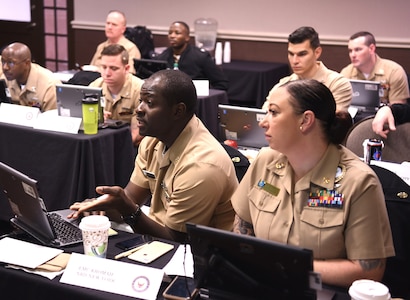 Chief Petty Officer Kelelu Kromah, a recruiter assigned to Navy Recruiting District New York, joined by Chief Petty Officer Alexis Danet, assigned to NRD Miami, shares his prospecting plan with Navy Recruiting Command’s National Training and Quality Assurance Team during a Leading Petty Officers (LPO) Course held at the Double Tree Hotel.