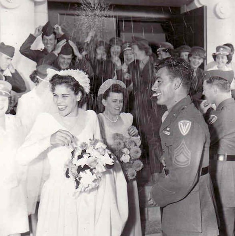 Marine Corps Gunnery Sgt. John Basilone and Lena Basilone on their wedding day July 10, 1944 at St. Mary's Star of the Sea in Oceanside, Calif. (Photo courtesy of St. Mary's Star of the Sea)