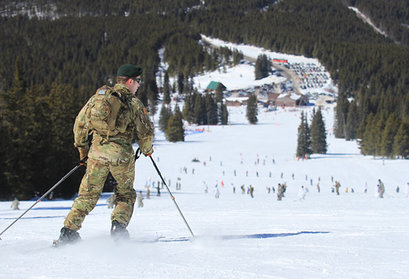 Soldiers with the Colorado Army National Guard's Company C, 1st Battalion, 157th Infantry (Mountain) ski alongside 10th Mountain Division veterans, descendants and friends during the 43rd annual Ski-In celebration March 2, 2018, at the Ski Cooper ski area. The 10th Mountain Division was formed in 1943 and trained for WWII mountain warfare at Ski Cooper near Leadville, Colo.