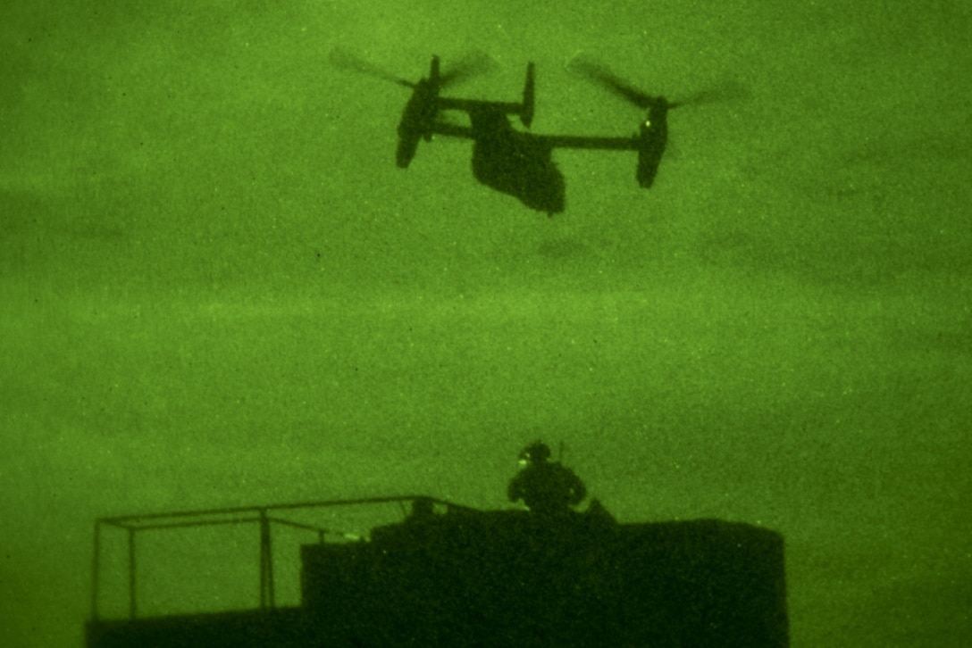 A CV-22 Osprey tiltrotor aircraft takes off with a team of special tactics airmen assigned to the 23rd Special Tactics Squadron during exercise Emerald Warrior 19.1 at Eglin Air Force Base, Fla.