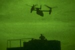 A CV-22 Osprey tiltrotor aircraft takes off with a team of special tactics airmen assigned to the 23rd Special Tactics Squadron during exercise Emerald Warrior 19.1 at Eglin Air Force Base, Fla.