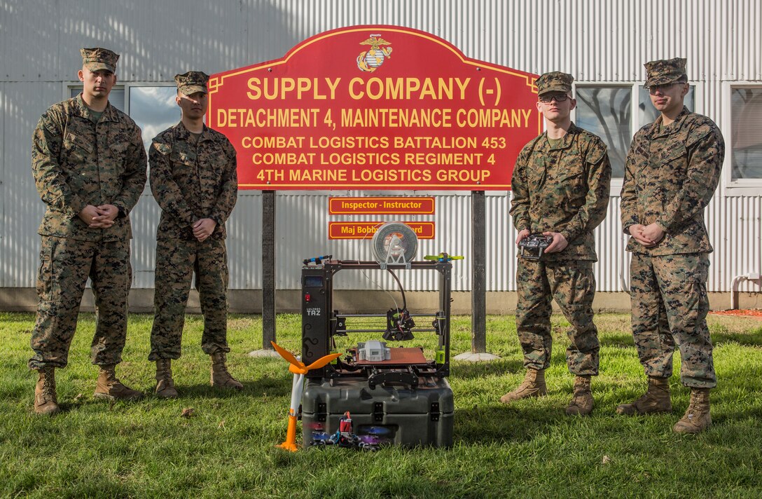 Marines with Combat Logistics Battalion 453, 4th Marine Logistics Group, showcase their progress and innovation, ranging from a biometric fingerprint scanner to three dimensional printed drone parts at their Home Training Center in San Jose, Calif., Feb. 9, 2019.