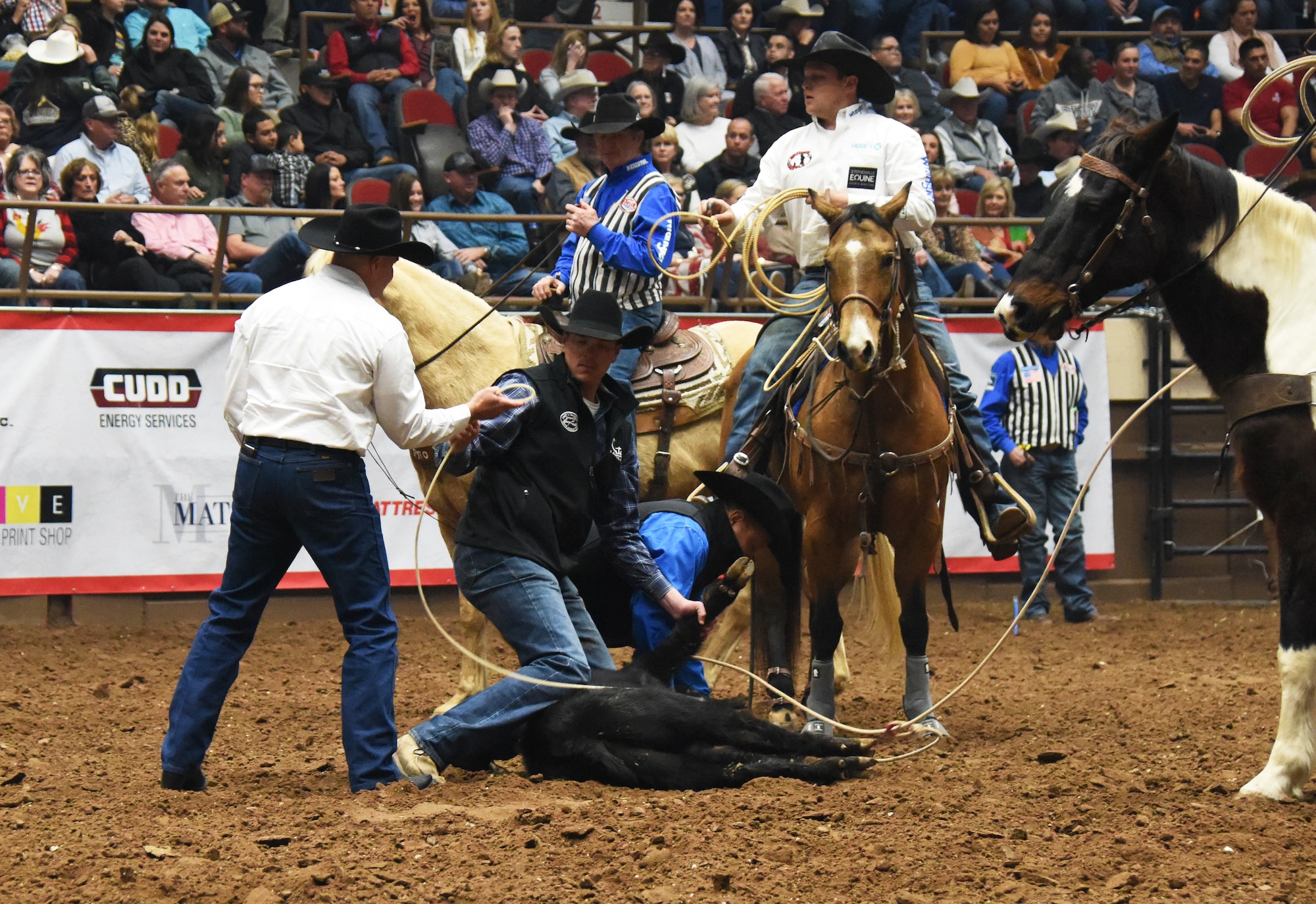 The San Angelo Stock Show and Rodeo Ambassadors Drill Team perform during the Annual San Angelo Stock Show and Rodeo Military Appreciation Night at the Foster Communications Coliseum in San Angelo, Texas, Feb. 13, 2019. They carried patriotic flags during the drill. (U.S. Air Force photo by Airman 1st Class Zachary Chapman/Released)