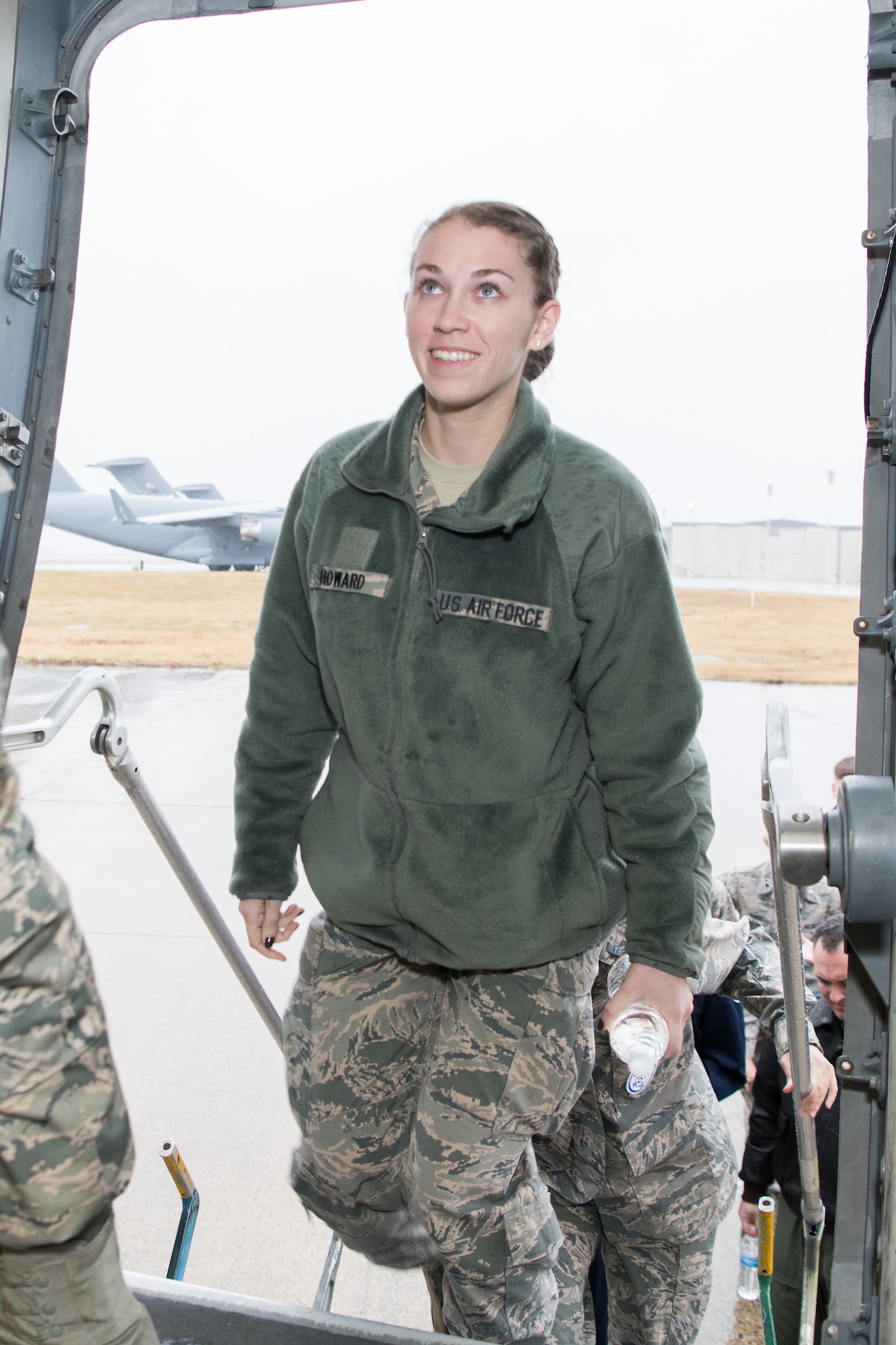 Samantha Howard, University of Maryland ROTC cadet, boards a C-17 Globemaster III for the African-American Heritage Flight Feb. 12, 2019, at Dover Air Force Base, Delaware. A total of 31 ROTC cadets from the University of Maryland and University of Delaware and JROTC cadets from Polytech High School and Dover High School visited Dover AFB for a demonstration on air global mobility. (U.S. Air Force photo by Mauricio Campino)