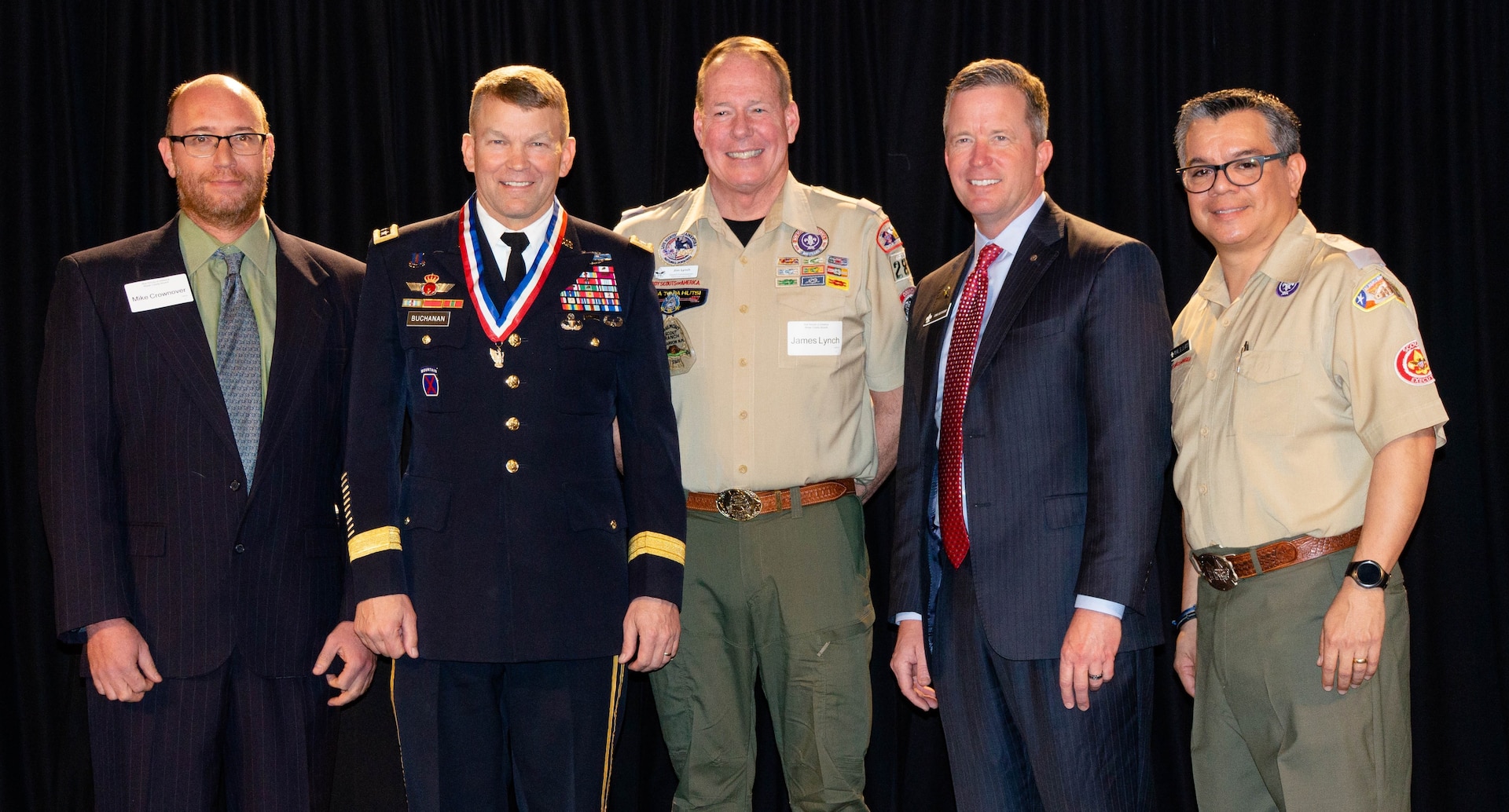 U.S. Army North Commanding General, Lt. Gen. Jeffrey Buchanan (second from left) was presented the Distinguished Eagle Scout Award at the Boy Scouts of America, Alamo Area Council Brunch Feb. 13 in San Antonio. Buchanan, who attained the rank of Eagle Scout in 1973, was presented this award for exceptionally distinguished service in his military career and to the community. Only one in every 1,000 Eagle Scouts has been awarded this high honor. Pictured (from left to right) are Mike Crownover, National Eagle Scout Association Chairman; Lt. Gen. Jeffrey Buchanan; Jim Lynch, Alamo Area Council Commissioner; Jim Jeffrey, Alamo Area Council President; and Michael de los Santos, Alamo Area Council Scout Executive.