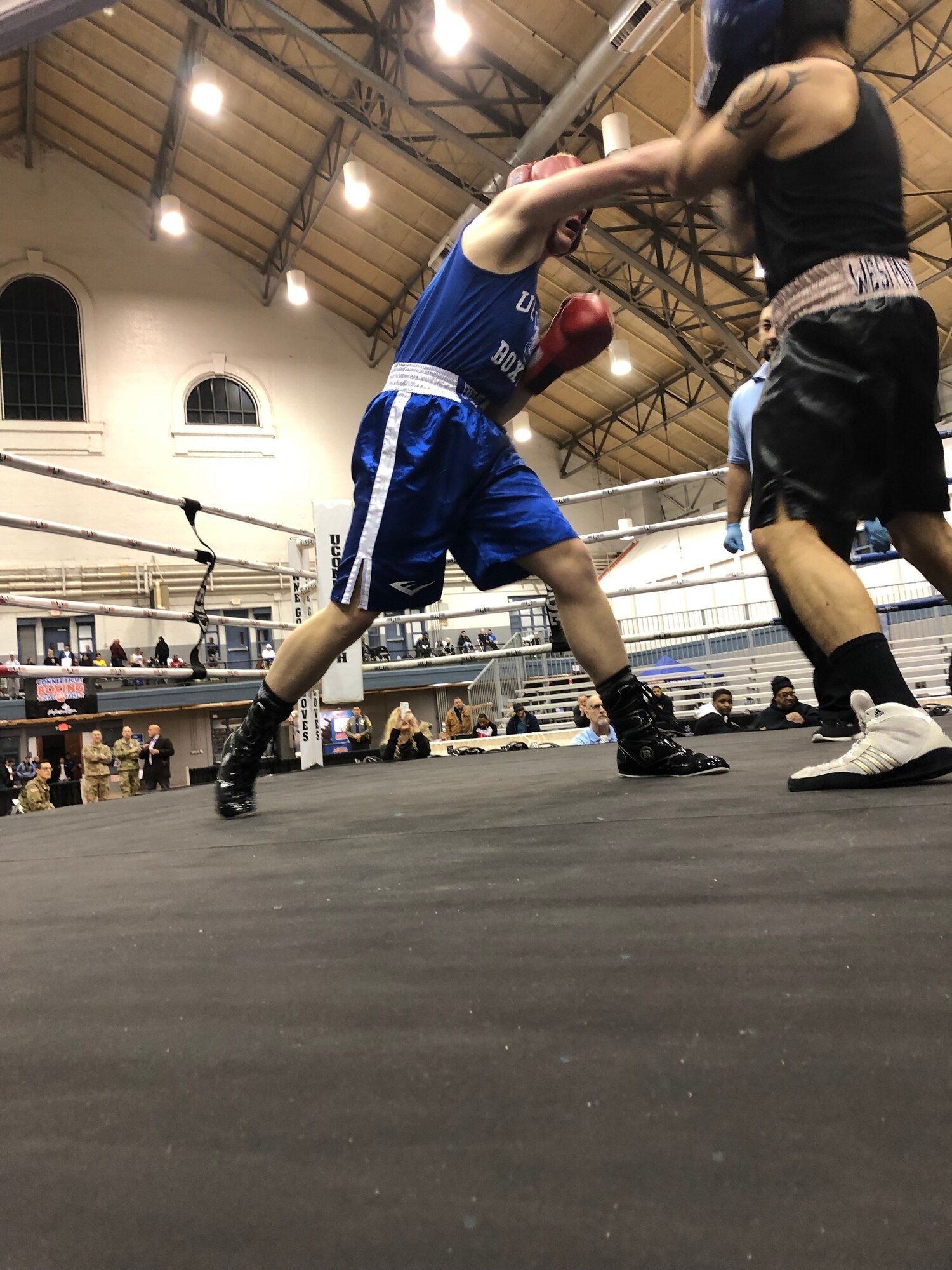 Andrew Eikleberry, a member of 103rd Airlift Wing Student Flight, Connecticut Air National Guard, competes at Golden Gloves, January 12, 2019 in Hartford, Conn. Eikleberry, will begin his Air National Guard journey at basic training in April. (U.S. Army National Guard photo by Maj. Mike Petersen)
