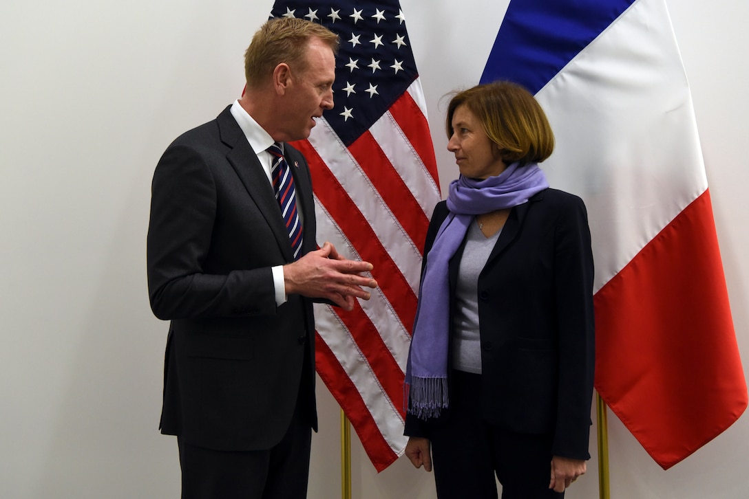 Acting Defense Secretary Patrick M. Shanahan talks with French defense minister.