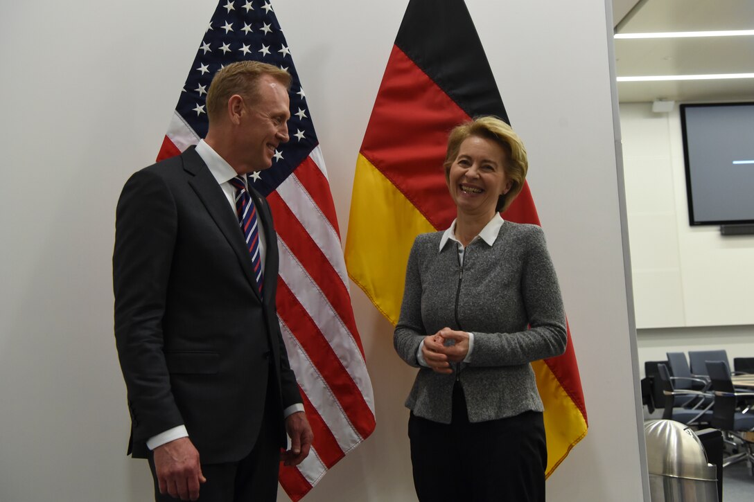 Acting Defense Secretary Patrick M. Shanahan talks with German defense minister.