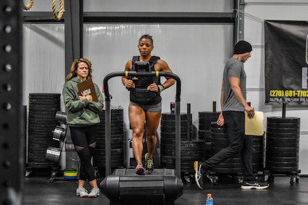 Capt. Kasandra "Kaci" Clark completing the half Murch on the Assault AirRunner during the U.S. Army Warrior Fitness Team Tryouts