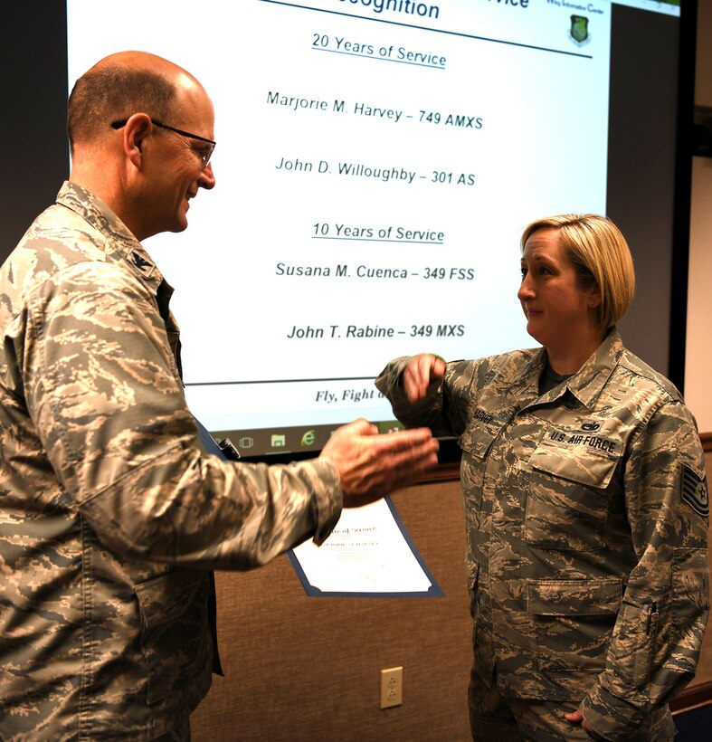 Congratulations go out to Marjorie M. Harvey, 749th Aircraft Maintenance Squadron, on reaching 20 years of federal service!