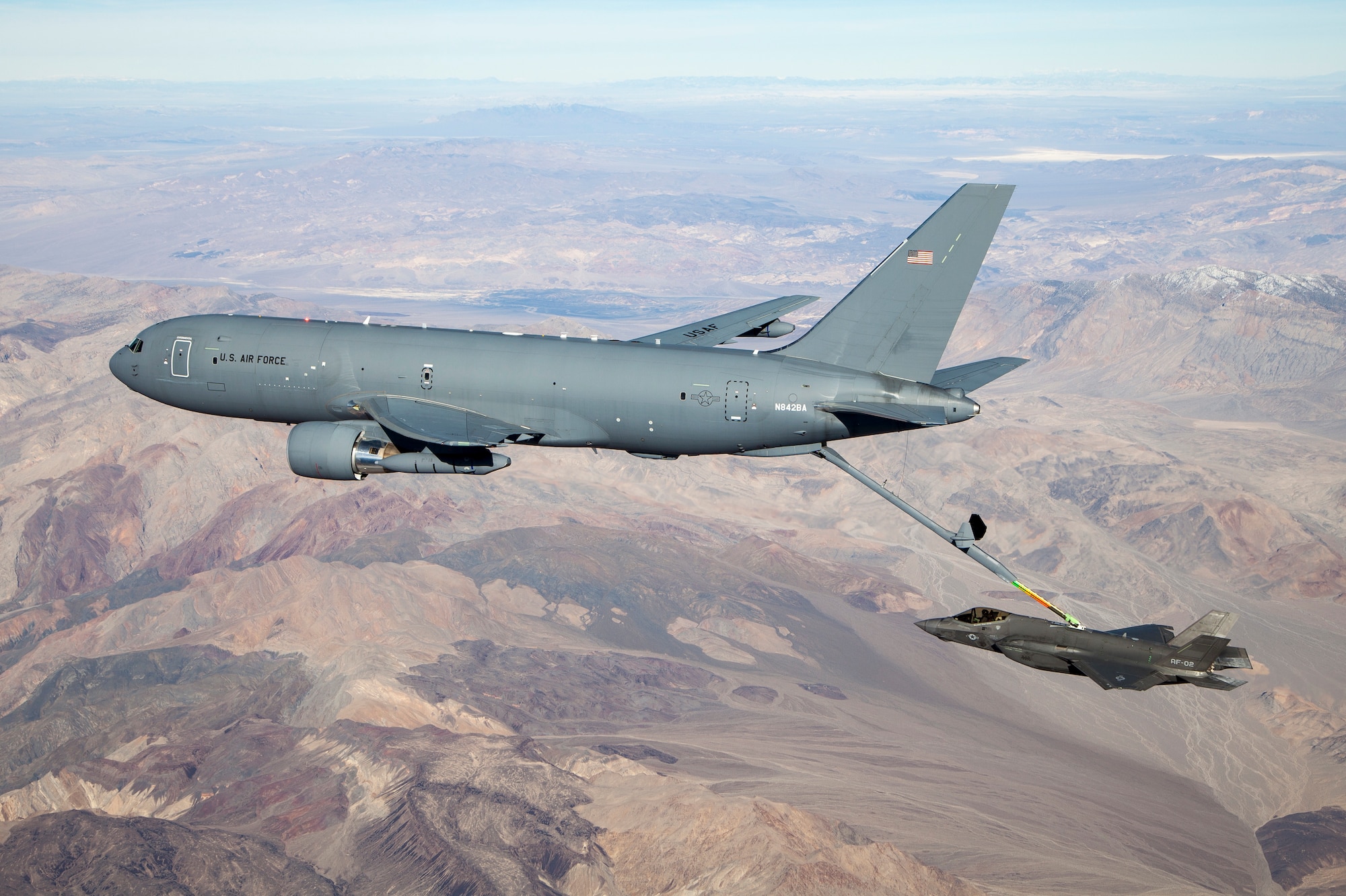 A KC-46A Pegasus connects with an F-35 Lightning II in the skies over California Jan. 22, 2019. (U.S. Air Force photo by Kenji Thuloweit)