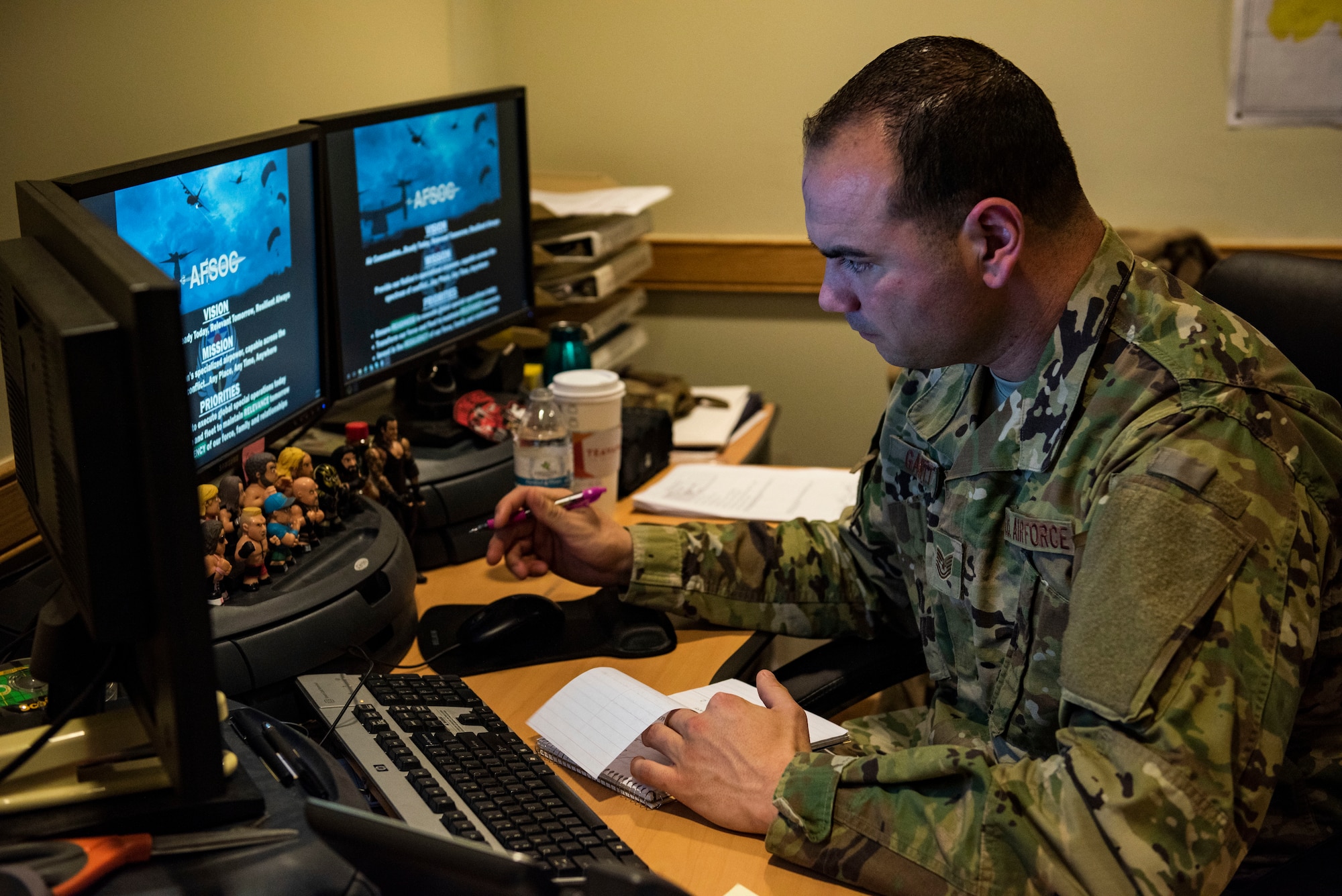 U.S. Air Force Tech. Sgt. Gregory Gauntt, 8th Logistics Readiness Squadron non-commissioned officer in charge of fuels knowledge operations, writes down notes at Kunsan Air Base, Republic of Korea, Feb. 13, 2019. As NCOIC of knowledge ops in fuels, Gauntt manages programs that highlight Airmen in the flight such as “Fueler of the Month.” (U.S. Air Force photo by Senior Airman Stefan Alvarez)