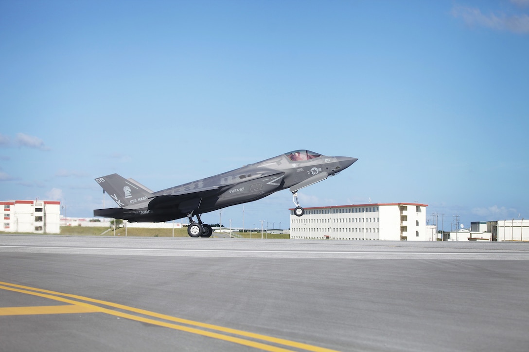 An F-35B Lightning II jet lands at Marine Corps Air Station Futenma, Okinawa, Japan, Nov. 27, 2018.  The F-35B landed, refueled and took off for the first time at MCAS Futenma. The F-35B belongs to Marine Fighter Attack Squadron 121, Marine Aircraft Group 12, 1st Marine Aircraft Wing. An F-35B landing at MCAS Futenma demonstrates the air warfighting capability, operational flexibility and tactical supremacy that this platform brings to the Indo-Pacific region, our allies and our partners.(U.S. Marine Corps photo by Staff Sgt. Laura Gauna)