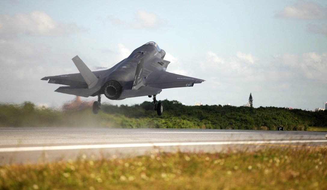 An F-35B Lightning II jet takes off at Marine Corps Air Station Futenma, Okinawa, Japan, Nov. 27, 2018.  The F-35B landed, refueled and took off for the first time at MCAS Futenma. The F-35B belongs to Marine Fighter Attack Squadron 121, Marine Aircraft Group 12, 1st Marine Aircraft Wing. An F-35B landing at MCAS Futenma demonstrates the air warfighting capability, operational flexibility and tactical supremacy that this platform brings to the Indo-Pacific region, our allies and our partners. (U.S. Marine Corps photo by Staff Sgt. Laura Gauna)