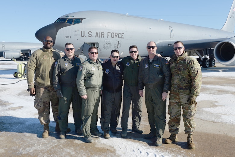 The Flight Crew of KC-135R Stratotanker, tail number 58-0023, from the 157th Air Refueling Wing, New Hampshire Air National Guard, pose for a group photo prior to flying the aircraft to the 151st ARW, Air National Guard Base, Utah, Jan. 30, 2019. From left, SSgt. Dennis Wardell, Tech. Sgt. Jason Inglis, Maj. Christopher Dillman, Staff Sgt. Kendrick Guerrier, Tech. Sgt. Nate Tarleton, Tech. Sgt. Joe Hewitt. The aircraft is one of eight aircraft leaving the Wing during the unit’s divestiture of the KC-135. (U.S. Air National Guard photo by Staff Sgt. Curtis J. Lenz)