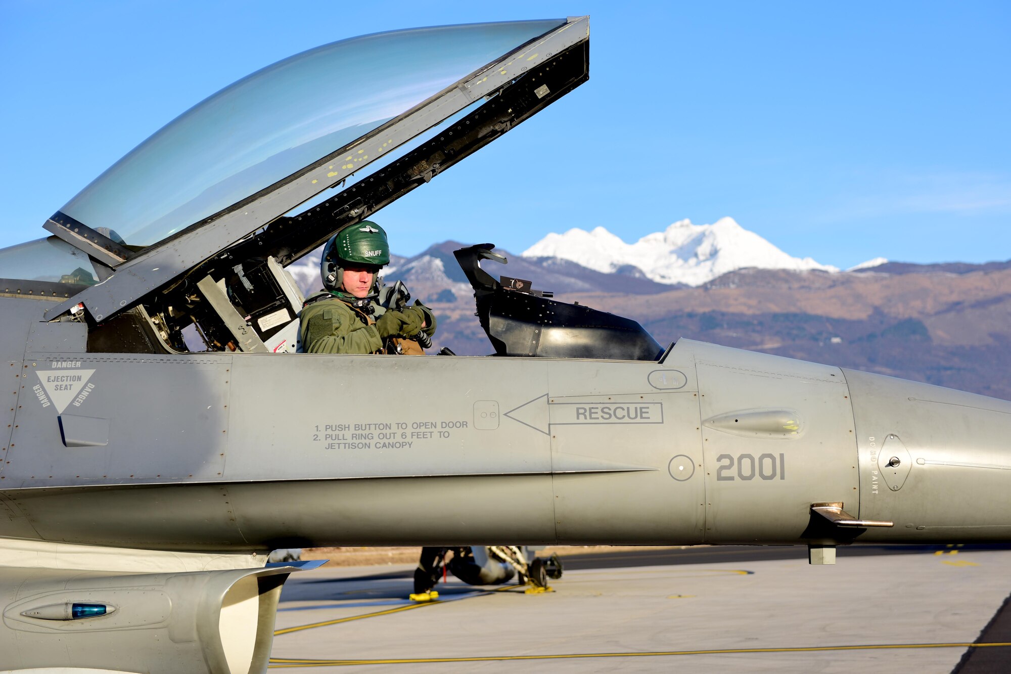 U.S. Air Force Lt. Col. Beau Diers, 555th Fighter Squadron commander, makes final pre-flight preparations in the cockpit of an F-16 Fighting Falcon at Aviano Air Base, Italy, Feb. 12, 2019. Diers led several F-16s from the 555 FS on a flight to Poland as part of a readiness exercise. (U.S. Air Force photo by Staff Sgt. Tory Cusimano)