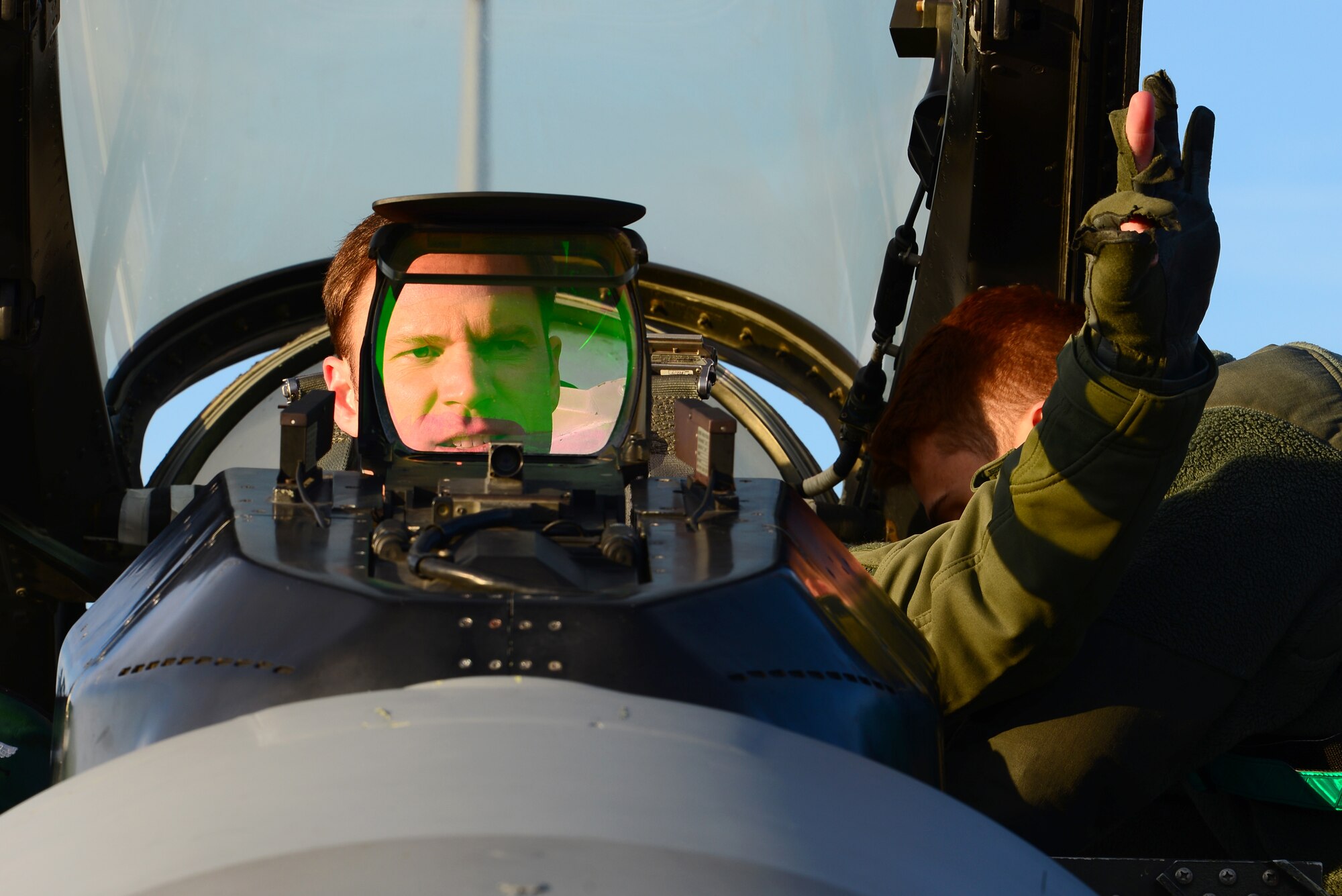 U.S. Air Force Lt. Col. Beau Diers, 555th Fighter Squadron commander, gives a hand signal during a preflight walk around at Aviano Air Base, Italy, Feb. 12, 2019. Diers has commanded the Triple Nickel since June of 2018. (U.S. Air Force photo by Airman 1st Class Caleb House)